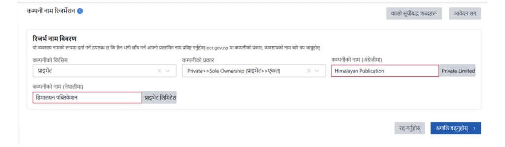 company name reservation application